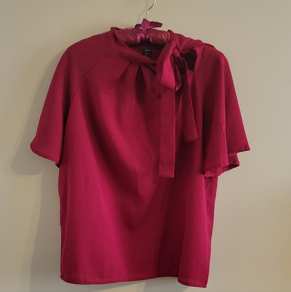 Shein | Elegant Women's Red Blouse Neck Accent Bow